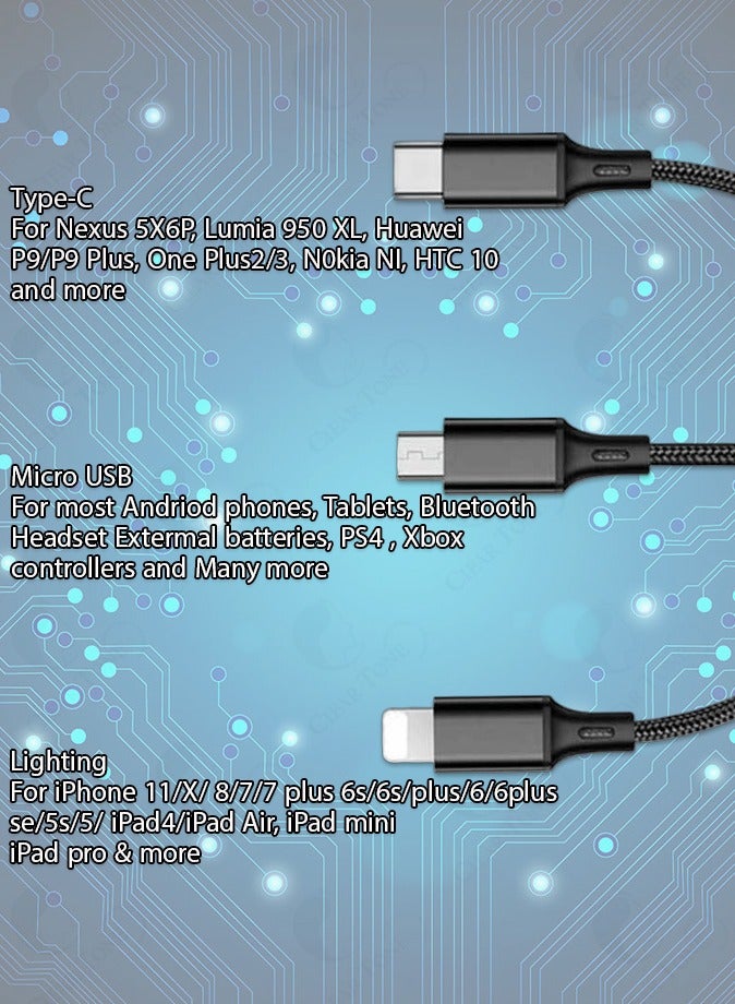 Multi Charging Cable | 3 in 1 Charging Cable | 1200 MM Length | Nylon Braided Multi Charger Cable Fast Charging Cord with IPhone Type-C Micro USB Connectors Compatible with Most Phones Tablets - Image 3